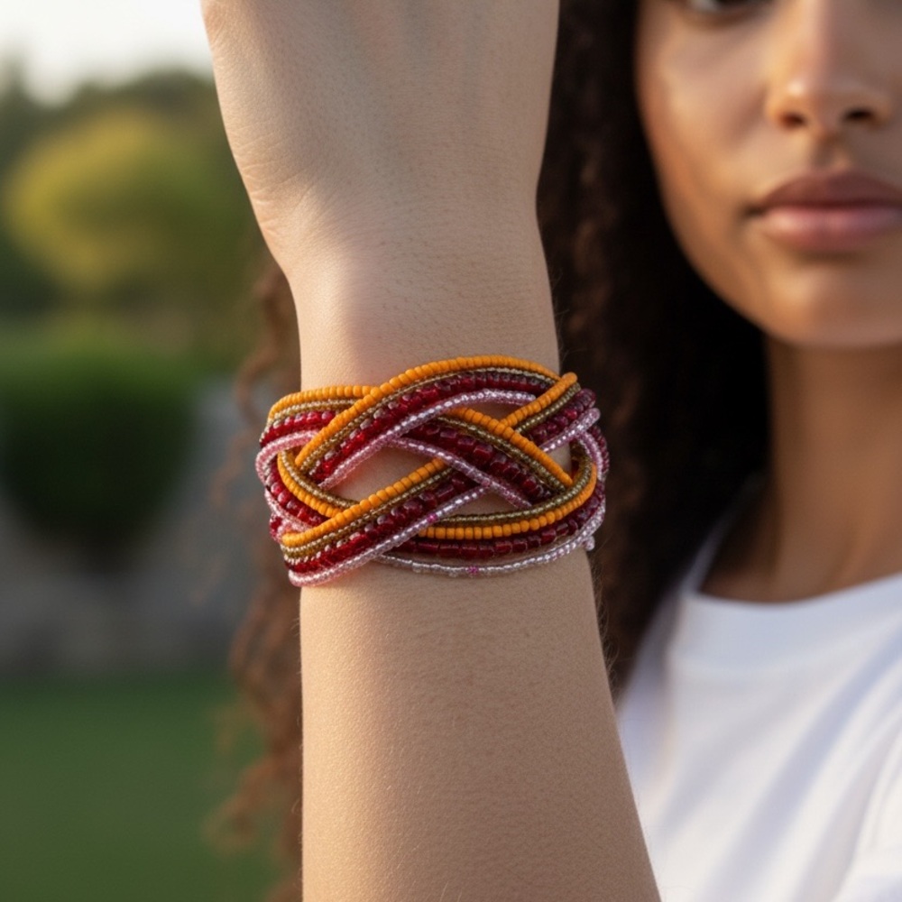 Boho Beaded Multistrand Cuff Bracelet | Red Pink Orange Statement Jewelry